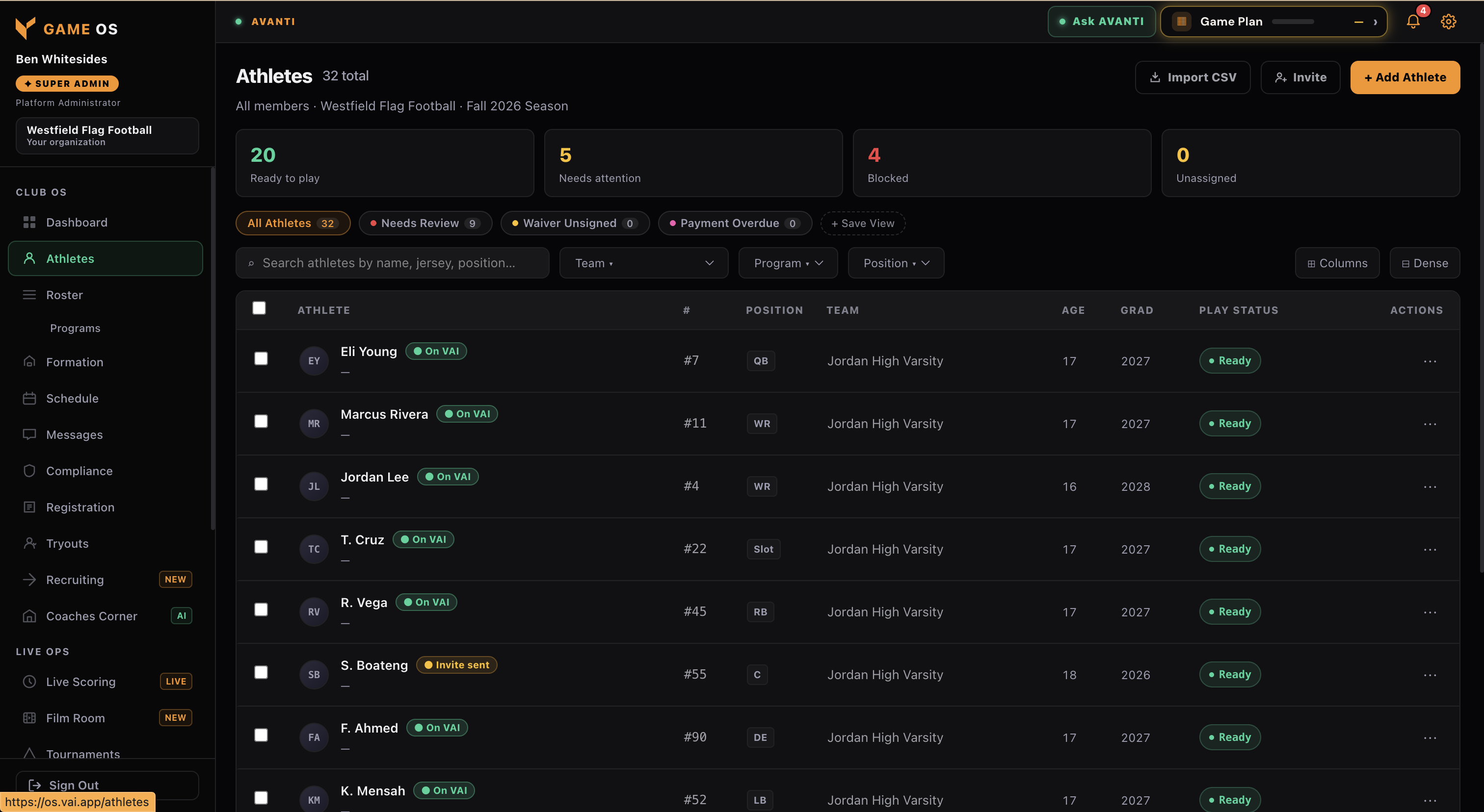 GAME OS athletes roster with PLAY status