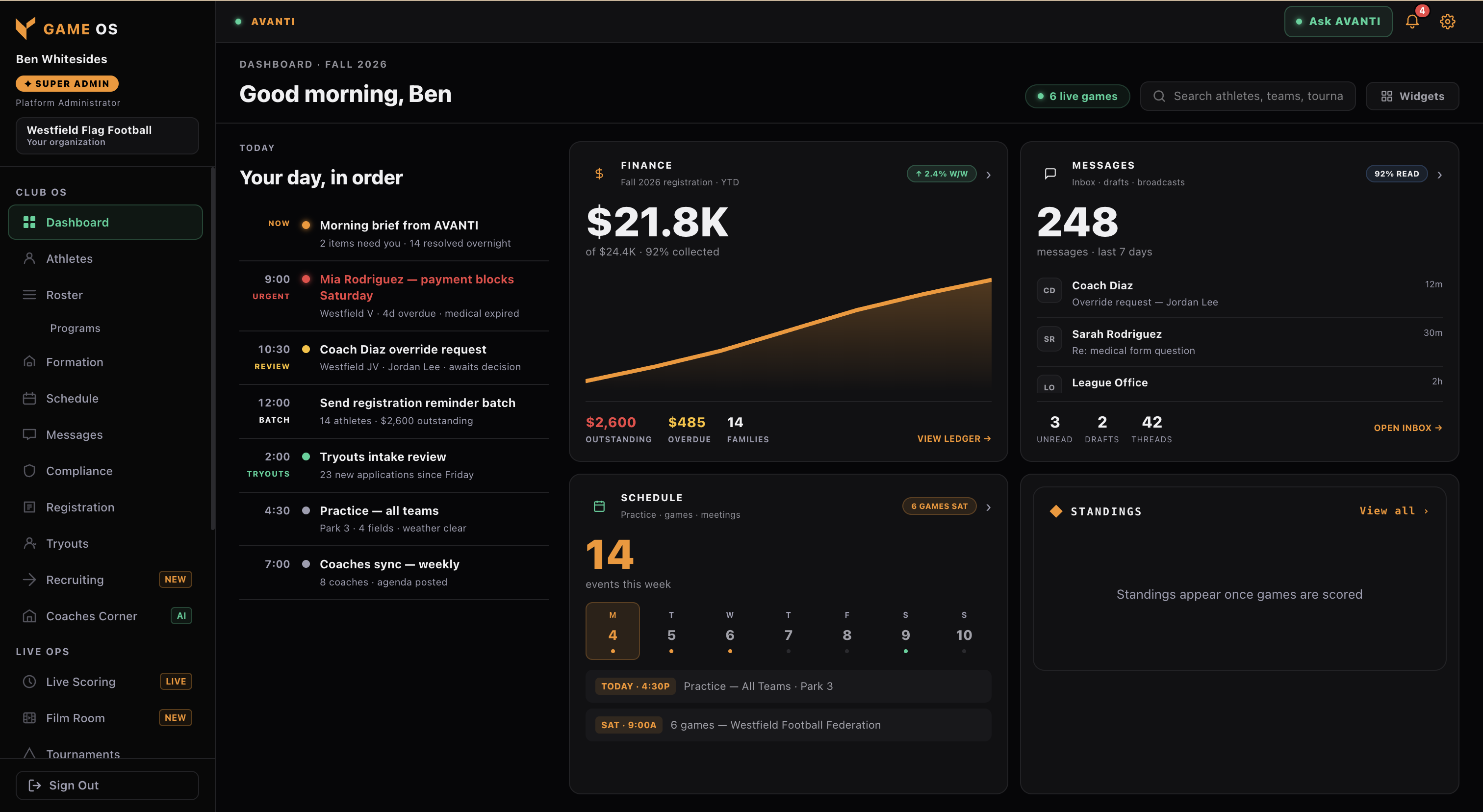 GAME OS dashboard — finance, messages, schedule, standings