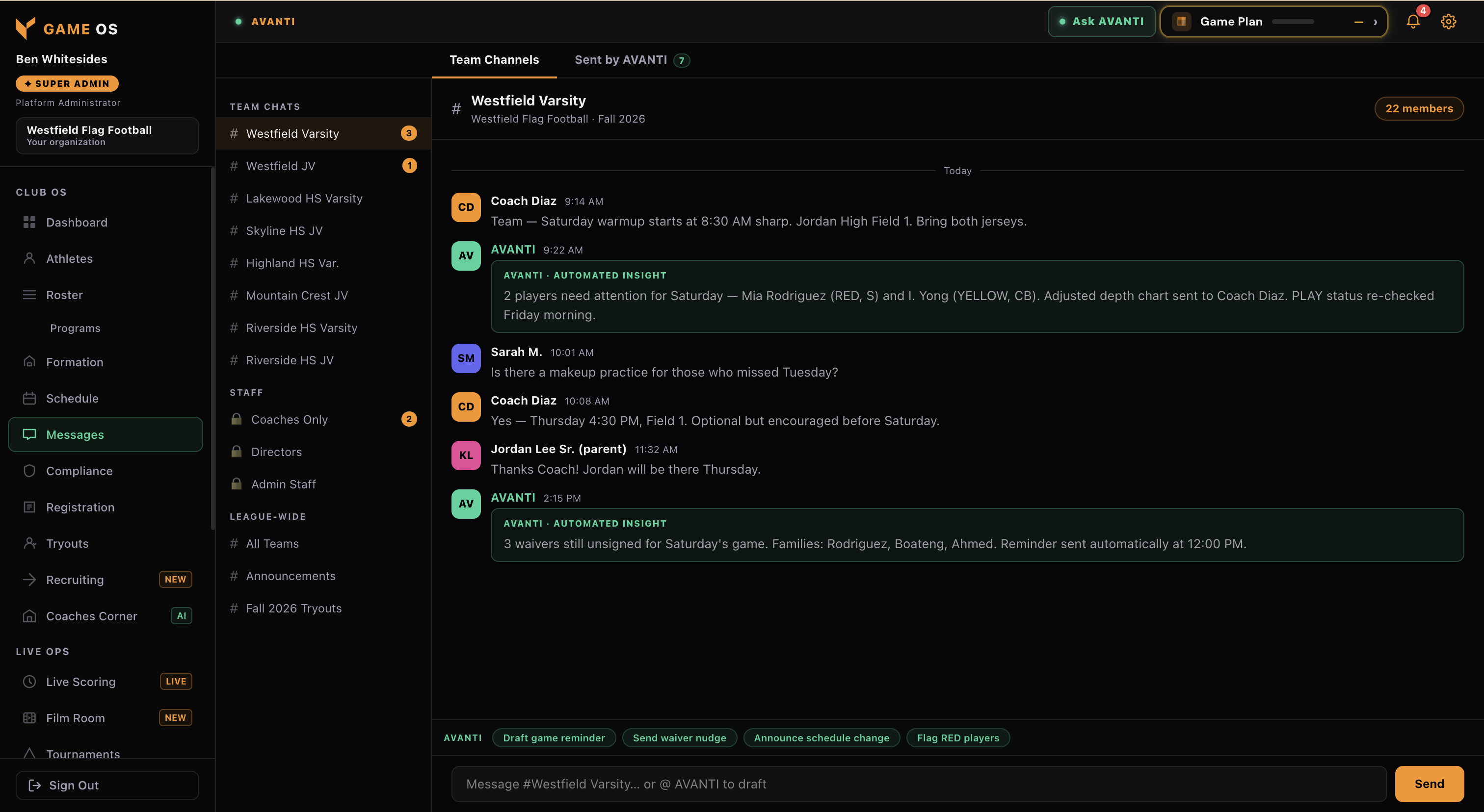 GAME OS team channels with AVANTI insights