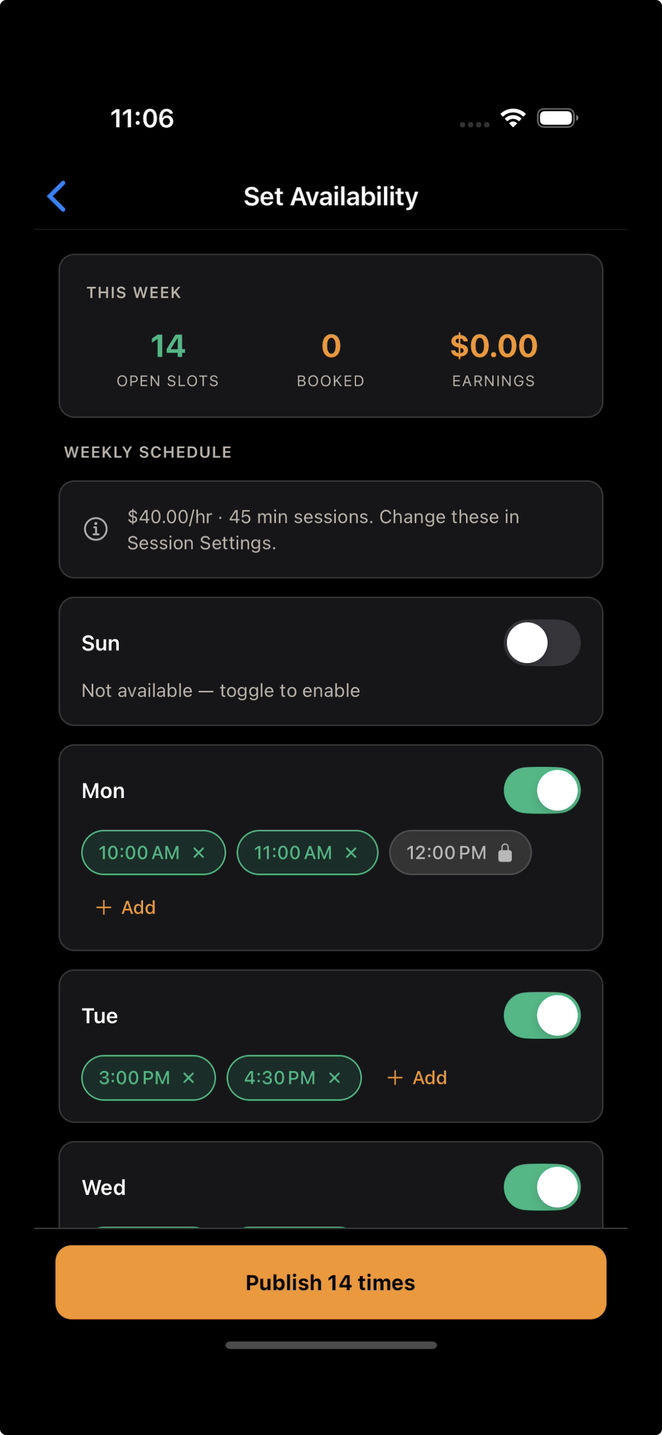 VAI trainer availability — open slots, rate, publish